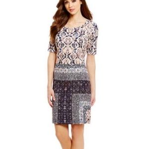 ANTONIO MELANI New Blush Pink & Blue Print Sheath Dress With Sleeves. NWOT